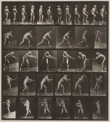 Planche numéro 521. A, marchant ; B, montant une marche ; C, lançant un disque ; D, utilisant une pelle ; E, utilisant une pioche ; F, utilisant une pioche, 1887